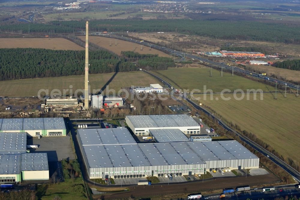 Ludwigsfelde from above - Logistics and production facilities in the industrial park Am Birkengrund in Ludwigsfelde in Brandenburg