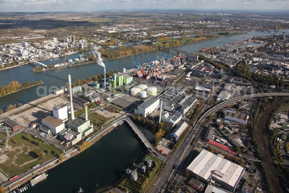 Mainz from the bird's eye view: Industrial port Ingelheimer Aue on the riverbank of the Rhine in Mainz in Rhineland-Palatinate