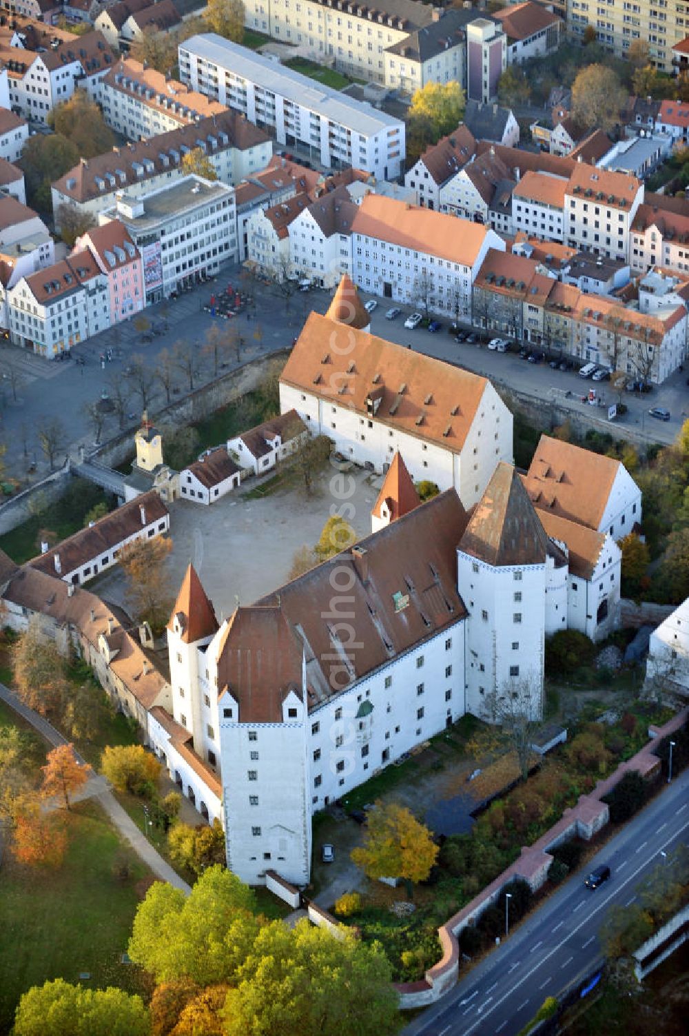 Ingolstadt from above - Das Neue Schloß am Paradeplatz. Heute beherbergt es das Bayerische Armeemuseum. The new castle at the square Paradeplatz. Today it hosts the Bavarian museum of army.