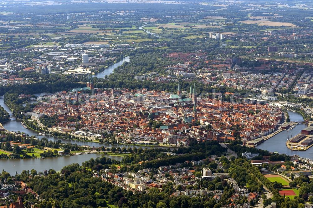 Lübeck from above - View of the city center and the Old Town - center of Lübeck in Schleswig-Holstein. To see in the city center, the church St.Jakobi Church, St. Mary's Church, St Peter's Church, St.Aegidien Church and the Lübeck Cathedral