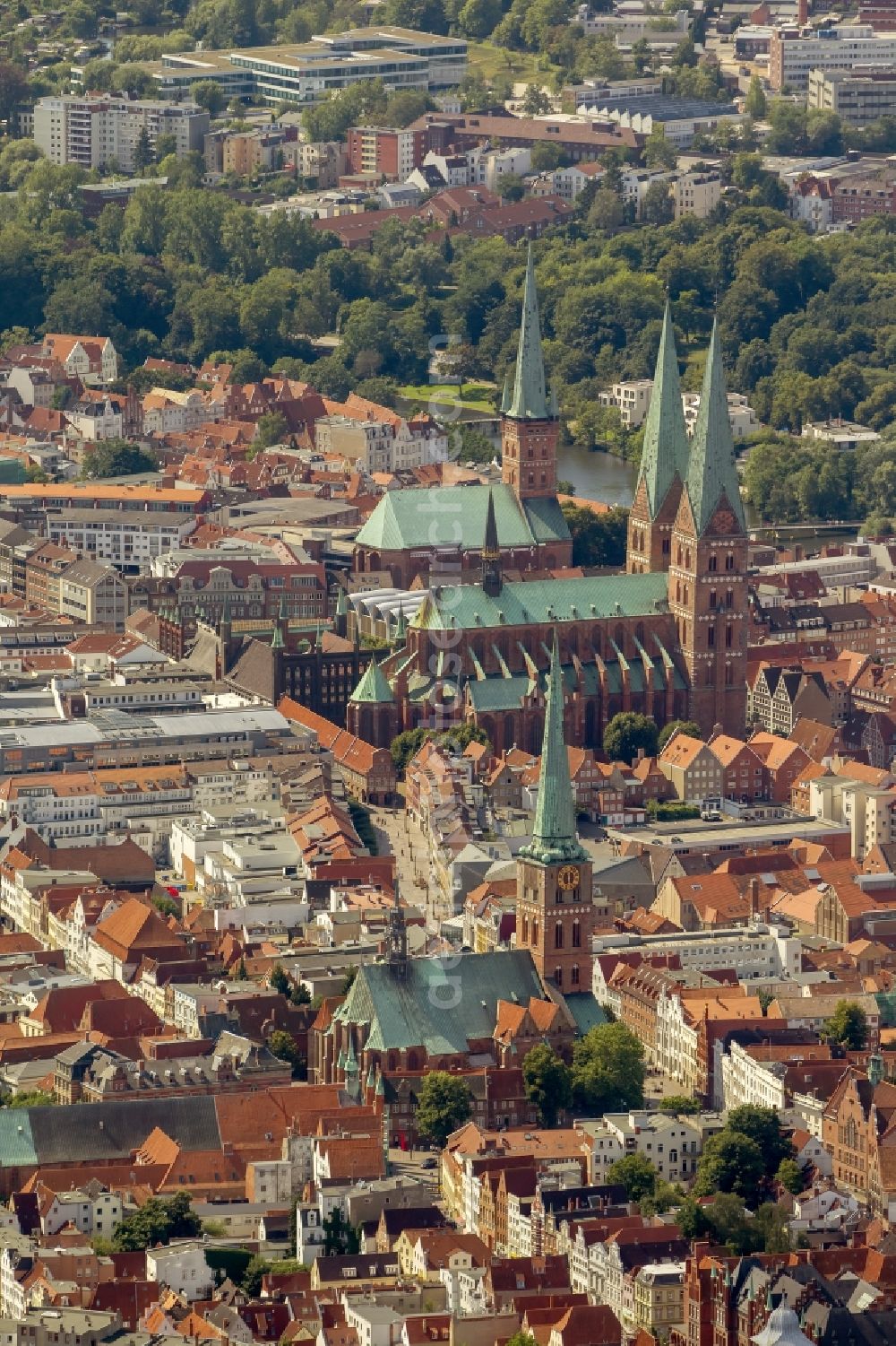 Lübeck from above - View of the city center and the Old Town - center of Lübeck in Schleswig-Holstein. To see in the city center, the church St.Jakobi Church, St. Mary's Church, St Peter's Church, St.Aegidien Church and the Lübeck Cathedral