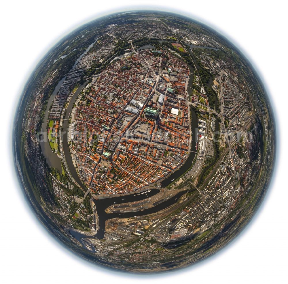 Aerial photograph Lübeck - Fish-eye view of the city center and the Old Town - center of Lübeck in Schleswig-Holstein. To see in the city center, the church St.Jakobi Church, St. Mary's Church, St Peter's Church, St.Aegidien Church and the Lübeck Cathedral