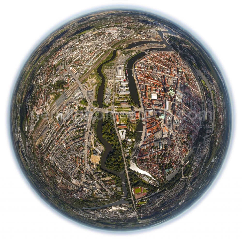 Lübeck from the bird's eye view: Fish-eye view of the city center and the Old Town - center of Lübeck in Schleswig-Holstein. To see in the city center, the church St.Jakobi Church, St. Mary's Church, St Peter's Church, St.Aegidien Church and the Lübeck Cathedral