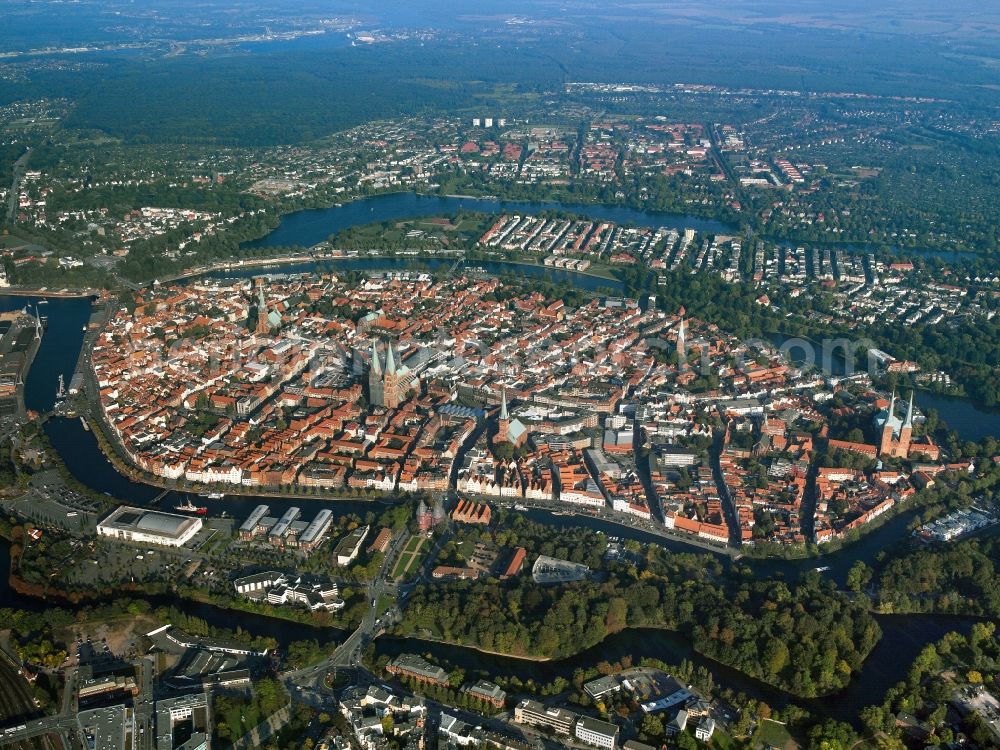 Lübeck from above - View of the city center and the Old Town - center of Lübeck in Schleswig-Holstein. To see in the city center, the church St.Jakobi Church, St. Mary's Church, St Peter's Church, St.Aegidien Church and the Lübeck Cathedral