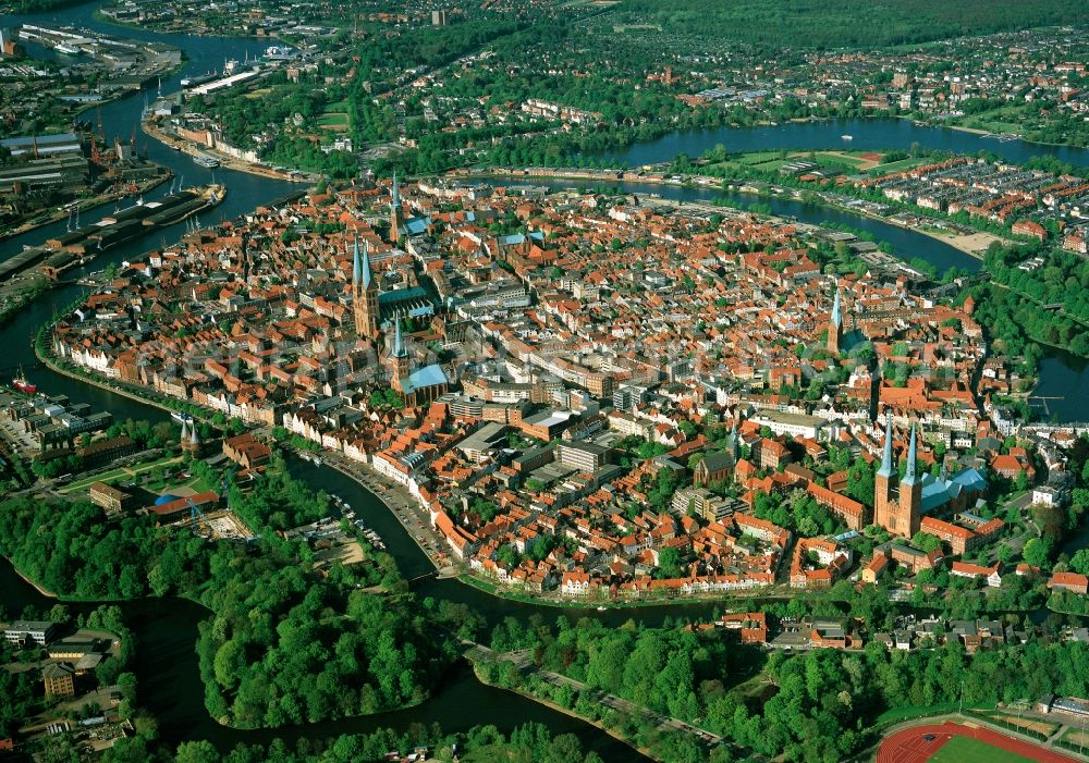 Lübeck from above - View of the city center and the Old Town - center of Lübeck in Schleswig-Holstein. To see in the city center, the church St.Jakobi Church, St. Mary's Church, St Peter's Church, St.Aegidien Church and the Lübeck Cathedral