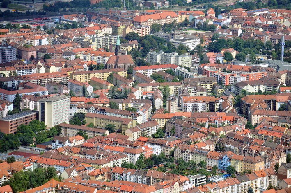 Nürnberg from the bird's eye view: Stadtansicht auf die engere Innenstadt und Altstadtbereiche von Nürnberg. City View to the closer downtown and old town areas of Nuremberg.