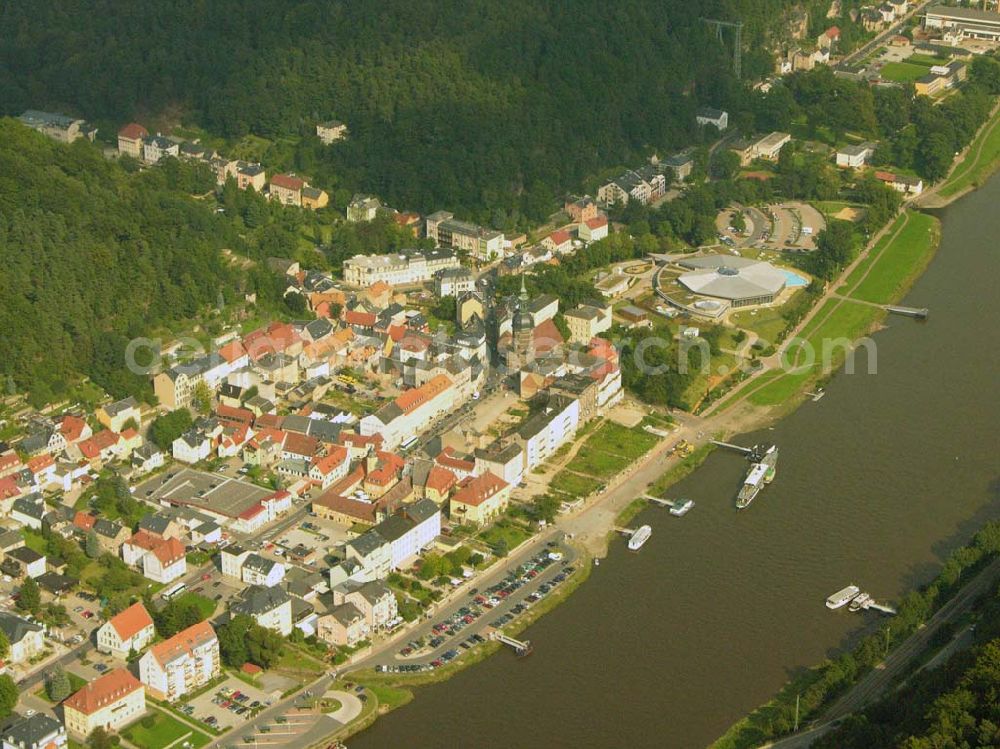 Aerial image Bad Schandau - Evangelisch-Lutherischen Johanniskirche Bad Schandau, Markt Telefon 03 50 22 / 4 23 96 und Toskana Therme, Bad Schandau, Rudolf-Sendig-Straße 8 A, 01814 Bad Schandau