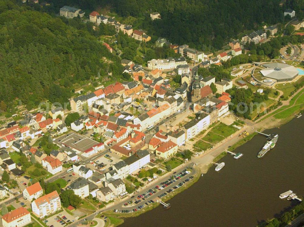 Aerial photograph Bad Schandau - Evangelisch-Lutherischen Johanniskirche Bad Schandau, Markt Telefon 03 50 22 / 4 23 96 und Toskana Therme, Bad Schandau, Rudolf-Sendig-Straße 8 A, 01814 Bad Schandau