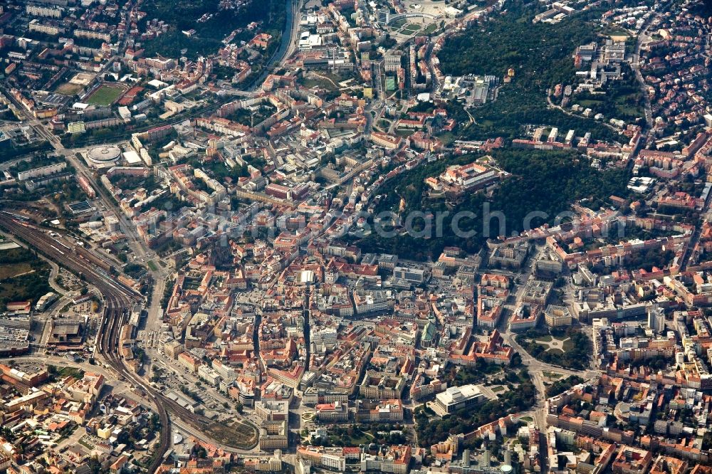 Brünn / Brno from above - View of the inner city and the fortress Spilberk Castle of Brno / in the district Region South Moravia / Jihomoravsky kraj in the Czech republic. The castle includes among others the Museum of the City of Brno, a library and the photo archive 