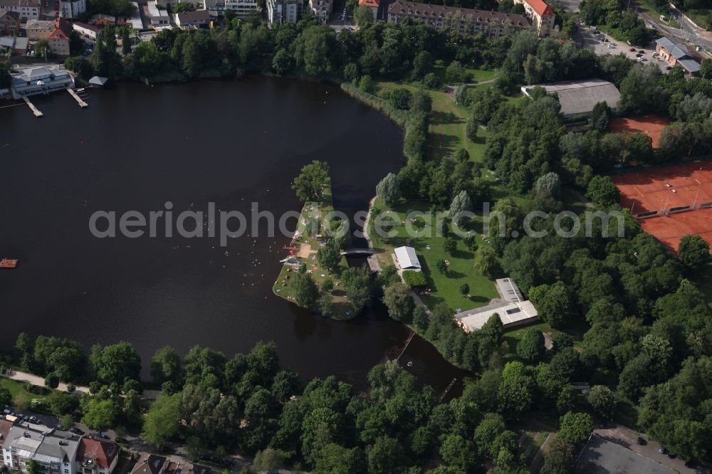 Darmstadt from the bird's eye view: City of Darmstadt on the natural lake Big Woog in the city of Darmstadt in Hesse