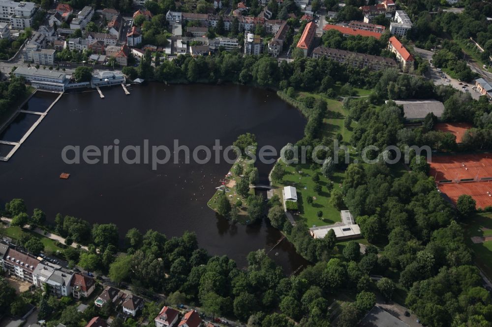 Aerial image Darmstadt - City of Darmstadt on the natural lake Big Woog in the city of Darmstadt in Hesse