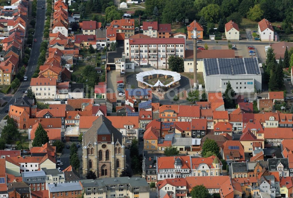 Dingelstädt from above - Downtown from Dingelstaedt with the church Sankt Gertrudiskirche, the bus station and the MB Modeproduktion and Vertriebs GmbH in Thuringia