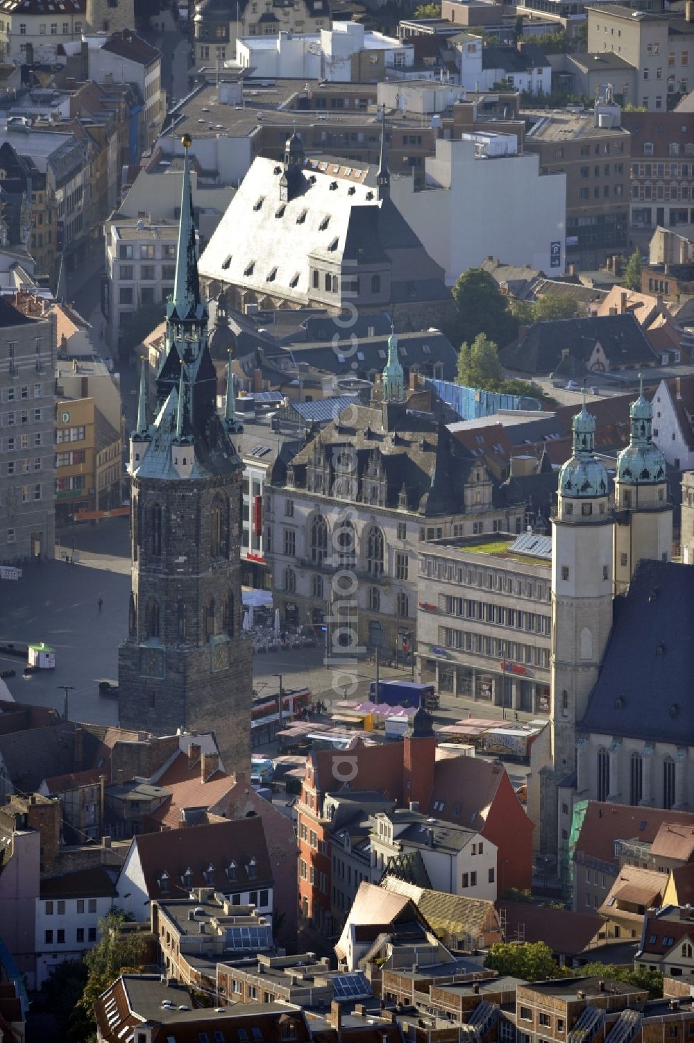 Halle Saale from above - View of the center of Halle view of the Red Tower and the St. Mary's Church in Saxony-Anhalt