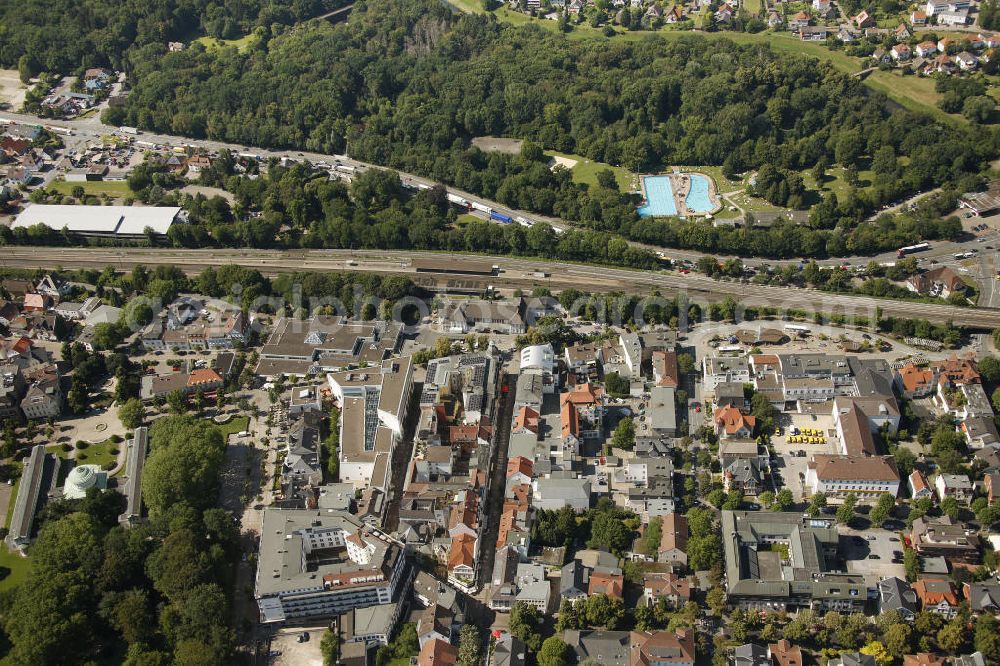 Aerial image Bad Oeynhausen - Look at the inner city and the central train station of Bad Oeynhausen. In the background is the open air bath Sielbad