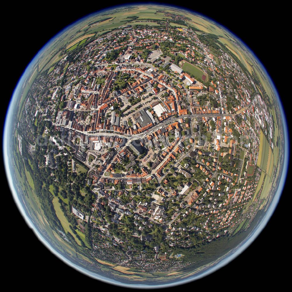 Aerial photograph Horn-Bad Meinberg - Fisheye-Blick auf Horn-Bad Meinberg, einer Stadt im Kreis Lippe im Nord-Osten von Nordrhein-Westfalen am Rande des Teutoburger Waldes. Fish eye look at Horn-Bad Meinberg, a town in the county of Lippe in North Rhine-Westfalia.