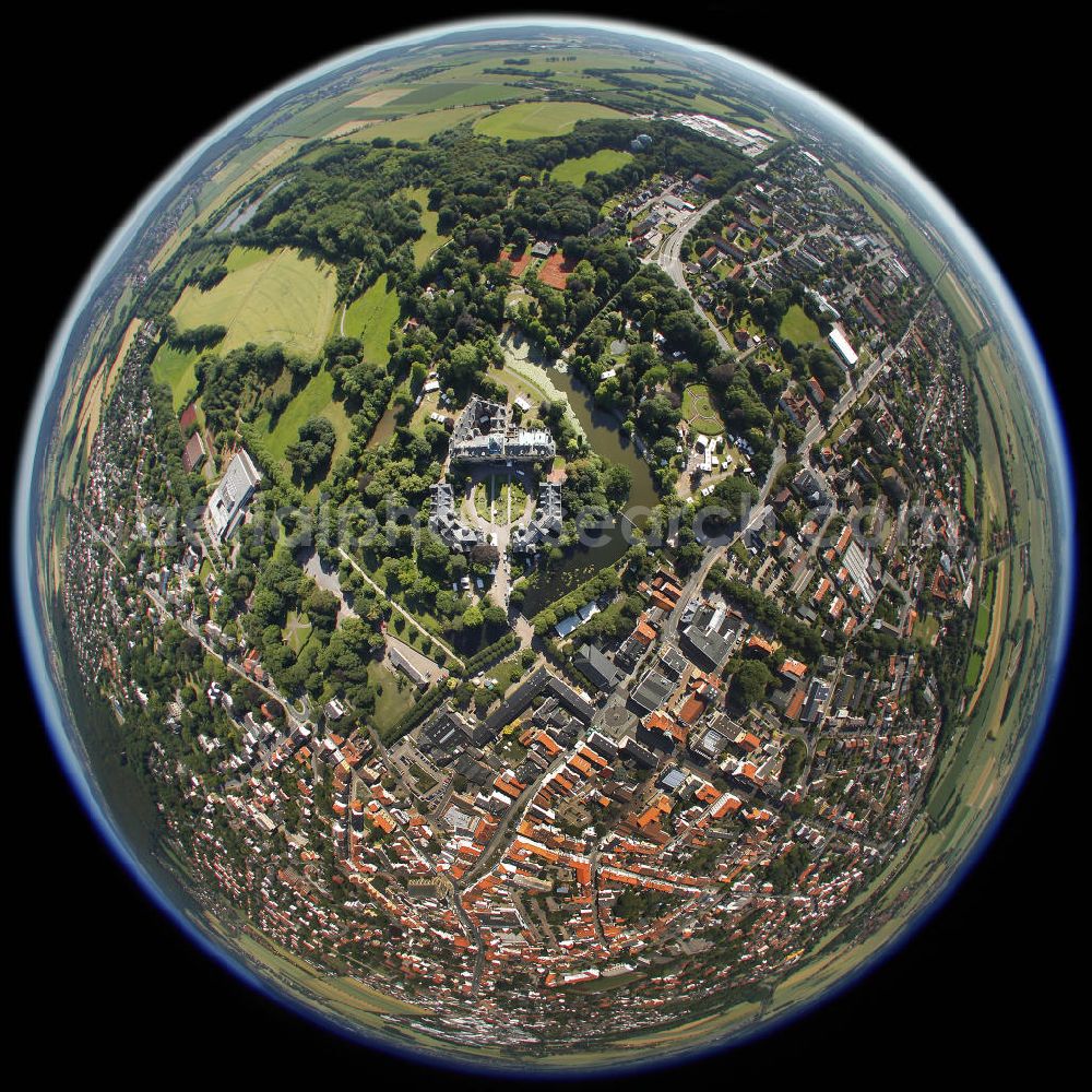 Horn-Bad Meinberg from above - Fisheye-Blick auf Horn-Bad Meinberg, einer Stadt im Kreis Lippe im Nord-Osten von Nordrhein-Westfalen am Rande des Teutoburger Waldes. Fish eye look at Horn-Bad Meinberg, a town in the county of Lippe in North Rhine-Westfalia.