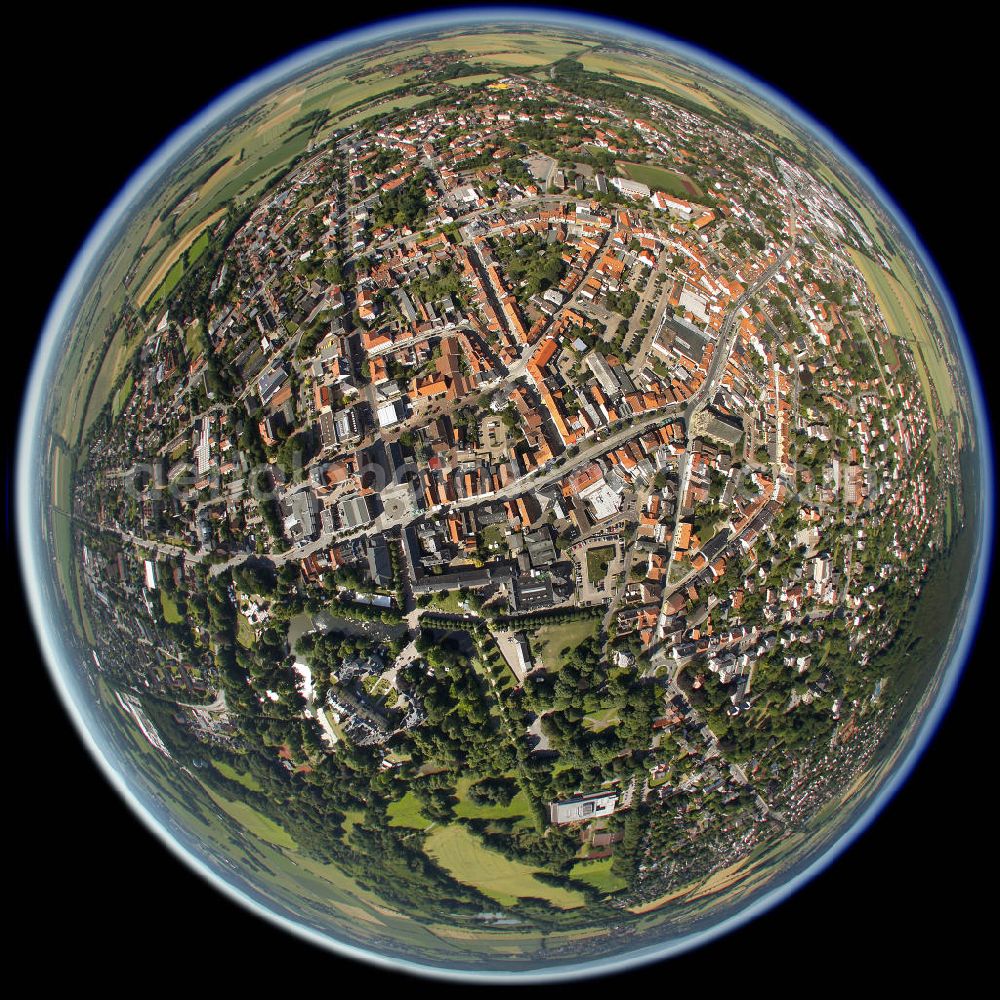 Horn-Bad Meinberg from the bird's eye view: Fisheye-Blick auf Horn-Bad Meinberg, einer Stadt im Kreis Lippe im Nord-Osten von Nordrhein-Westfalen am Rande des Teutoburger Waldes. Fish eye look at Horn-Bad Meinberg, a town in the county of Lippe in North Rhine-Westfalia.