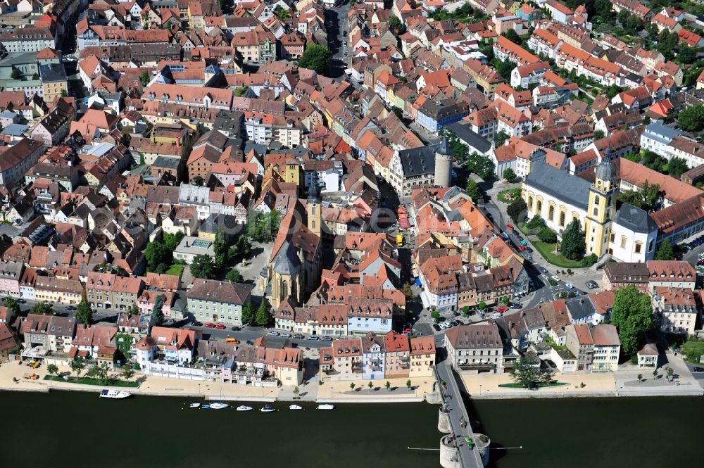 Aerial photograph Kitzingen am Main - View at the Main Bridge and the city center with the Ursuline Convent and the City Council of Kitzingen am Main in Bavaria. As one of the oldest cities of Lower Franconia Kitzingen was mentioned 745 for the first time