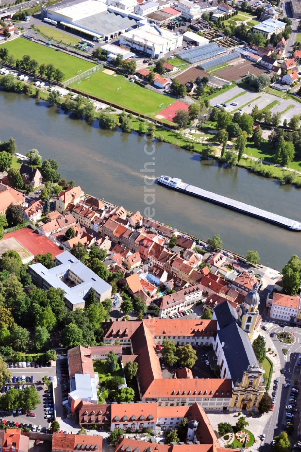 Aerial image Kitzingen am Main - View at the Main Bridge and the city center with the Ursuline Convent and the City Council of Kitzingen am Main in Bavaria. As one of the oldest cities of Lower Franconia Kitzingen was mentioned 745 for the first time