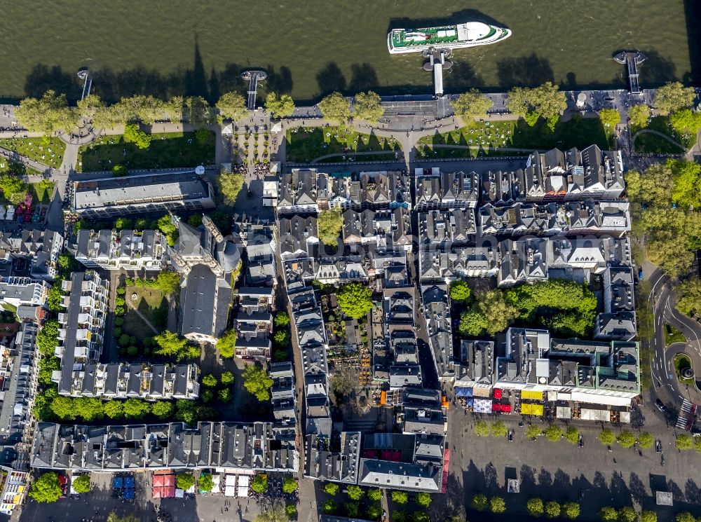 Köln from above - View of a residential area in the city center of Cologne, with view of the church Gross St. Martin and the river Rhine in the state North Rhine-Westphalia.The church Gross St. Martin is a seat of the community of Jerusalem