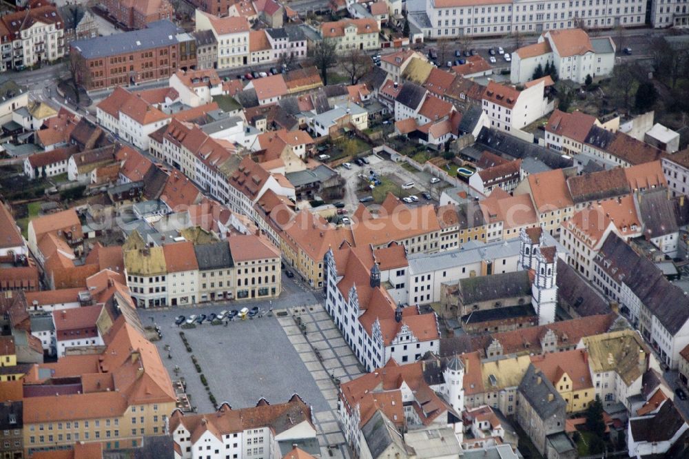 Aerial image Torgau - Downtown with the market place and the desecrated St. Nicholas Church Torgau in Saxony. The church is located in the back of the Town Hall Torgau