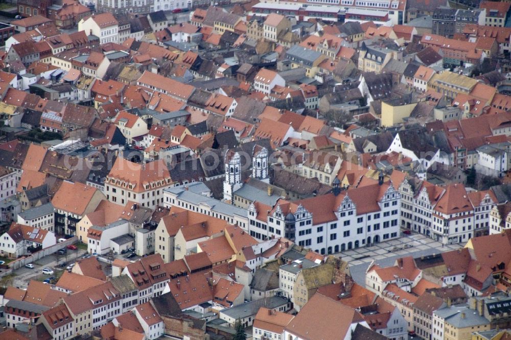 Torgau from above - Downtown with the market place and the desecrated St. Nicholas Church Torgau in Saxony. The church is located in the back of the Town Hall Torgau