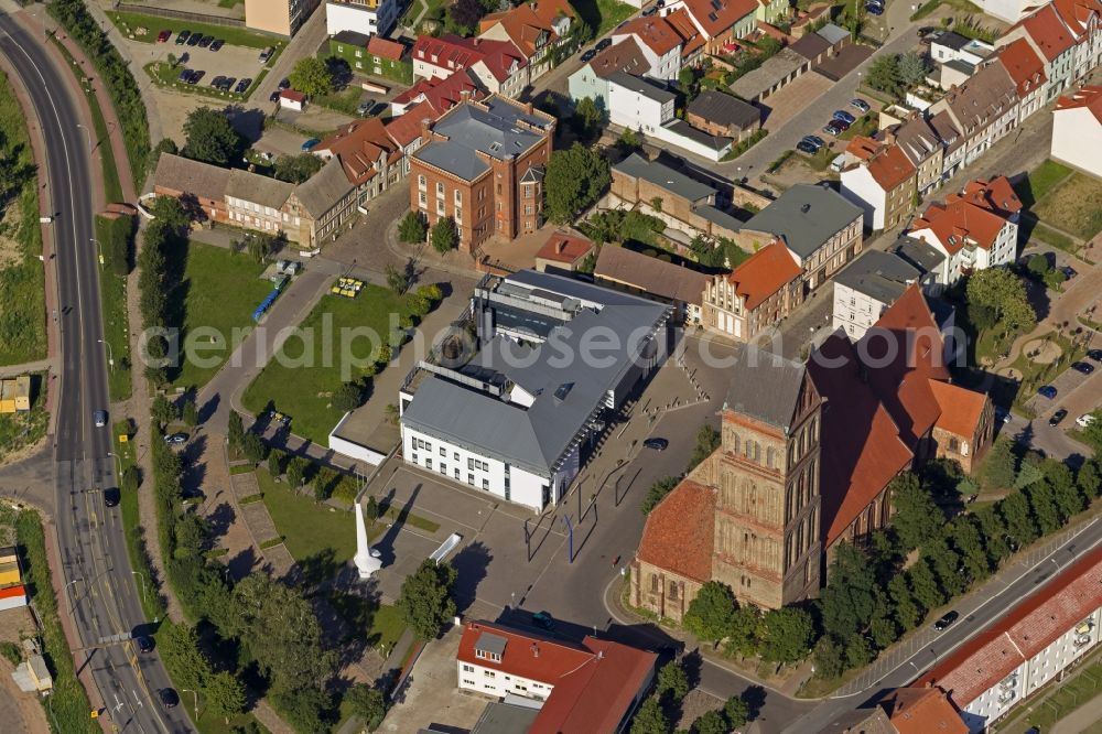 Aerial image Anklam - Downtown at the market with the symbol of the city, the stone gate in Anklam in Mecklenburg-Western Pomerania