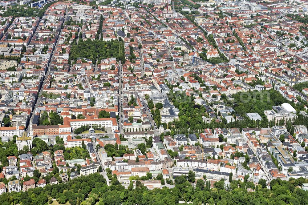 München from the bird's eye view: Cityscape of the district Schwabing on street Adalbertstrasse in Munich in the state Bavaria, Germany