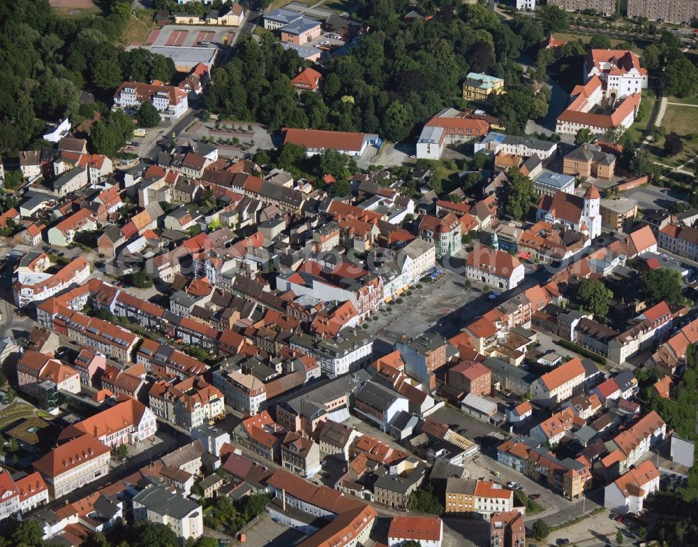 Finsterwalde from above - Downtown - Market Square at the center of the city in the federal state of Brandenburg Finsterwalde