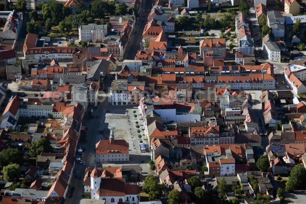 Aerial image Finsterwalde - Downtown - Market Square at the center of the city in the federal state of Brandenburg Finsterwalde