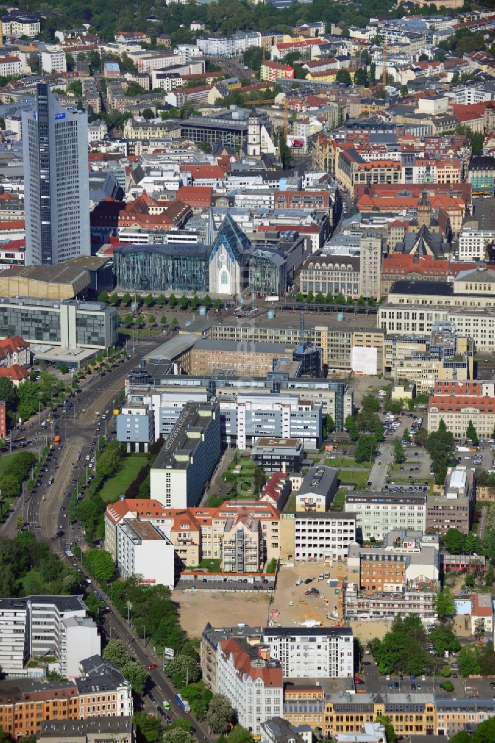 Leipzig from the bird's eye view: Downtown area with the building complex on the former site of the printing pressure at the Dresden street corner Salomon Street in Leipzig in Saxony