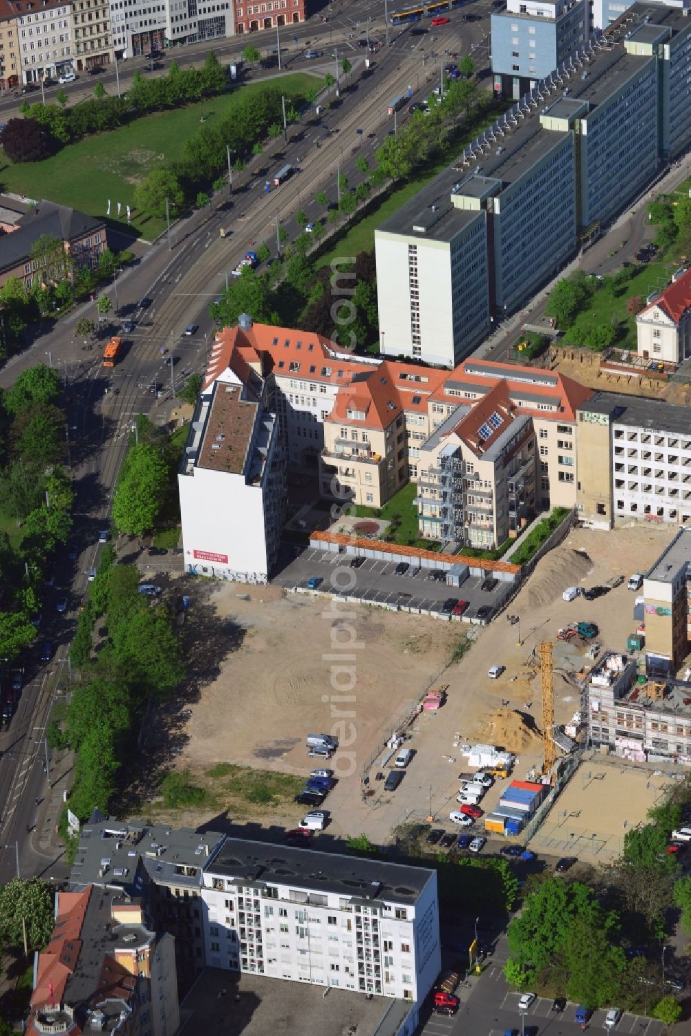 Aerial image Leipzig - Downtown area with the building complex on the former site of the printing pressure at the Dresden street corner Salomon Street in Leipzig in Saxony