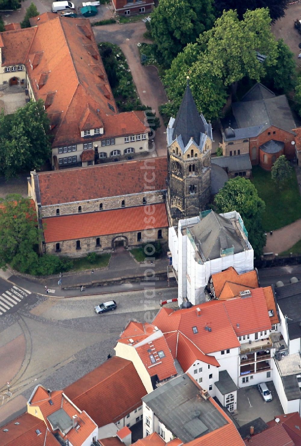 Eisenach from above - Downtown area at Karlsplatz Luther memorial Nikolaitor and the Nikolai Church in Eisenach, Thuringia