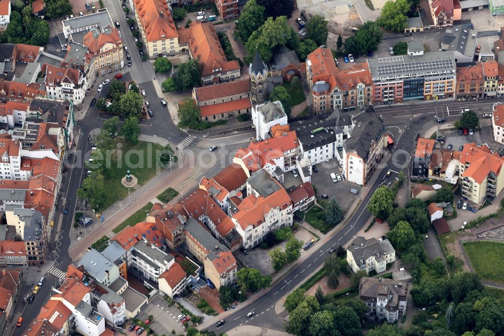 Aerial image Eisenach - Downtown area at Karlsplatz Luther memorial Nikolaitor and the Nikolai Church in Eisenach, Thuringia