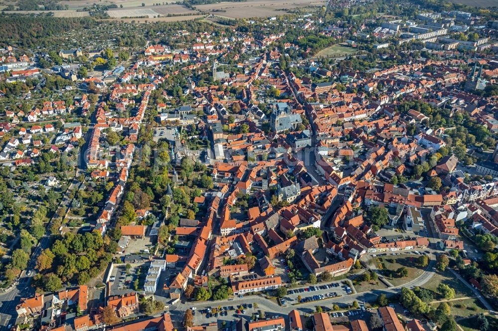 Quedlinburg from above - Down town area with Marktkirche St. Benediktii in Quedlinburg in the state Saxony-Anhalt, Germany