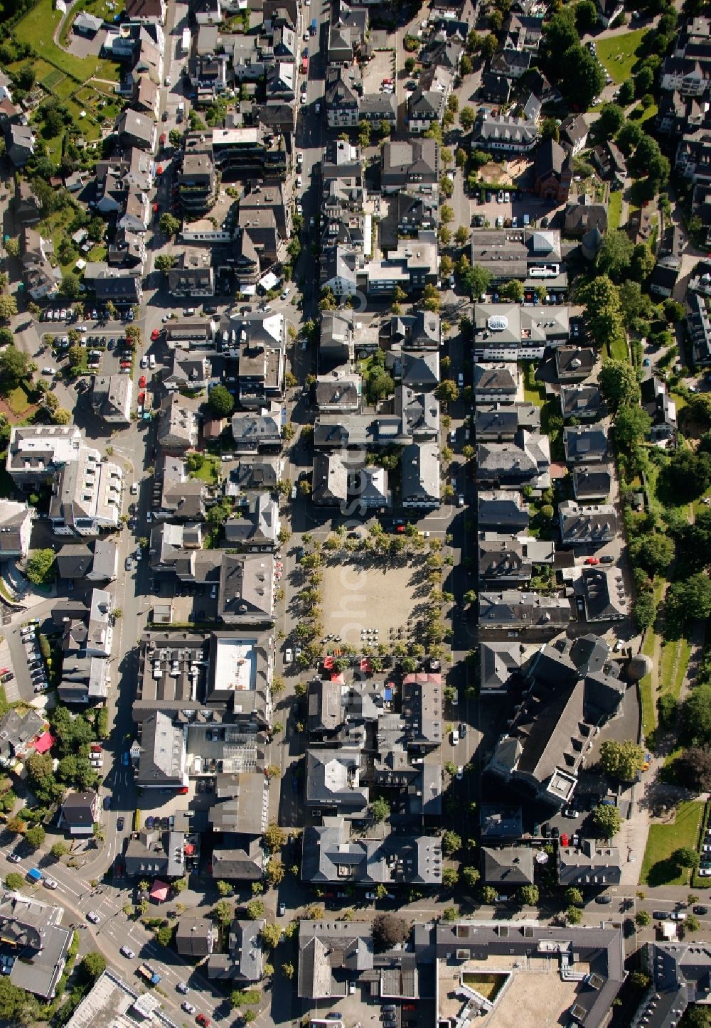 Olpe from above - Downtown area at the market place at the City Church in Olpe in North Rhine-Westphalia