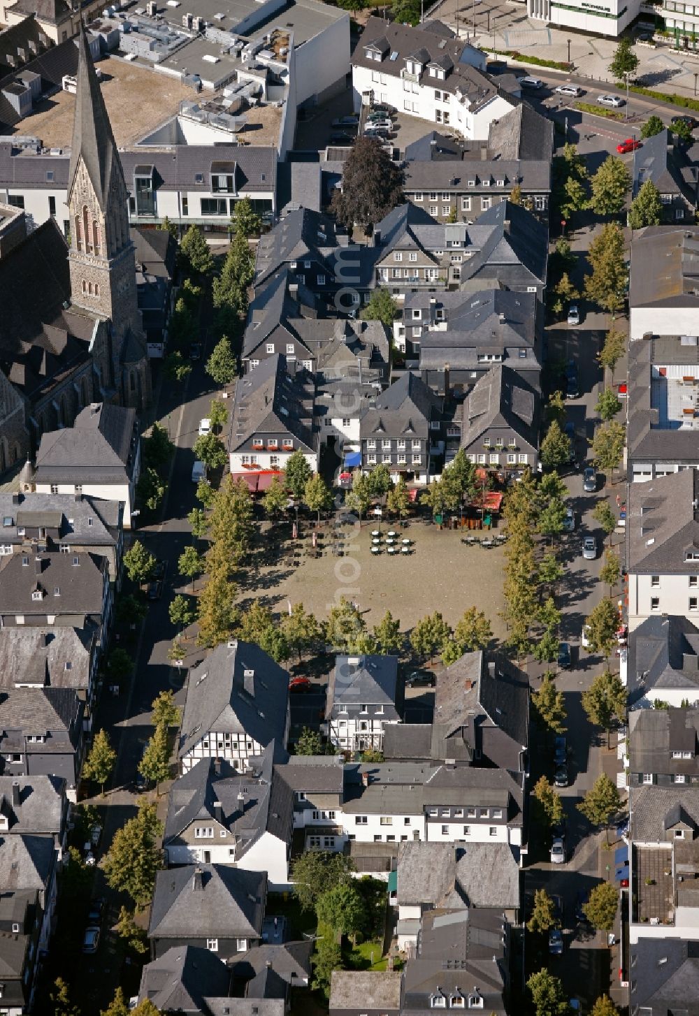 Olpe from the bird's eye view: Downtown area at the market place at the City Church in Olpe in North Rhine-Westphalia