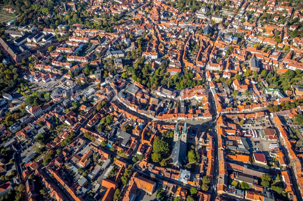 Quedlinburg from above - Down town area on St. Nikolaikirche in Quedlinburg in the state Saxony-Anhalt, Germany