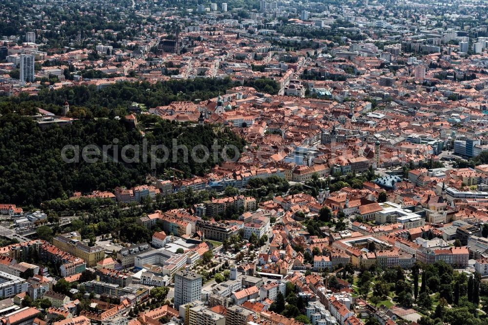 Aerial image Graz - Down town area with Schlossberg in Graz in Steiermark, Austria