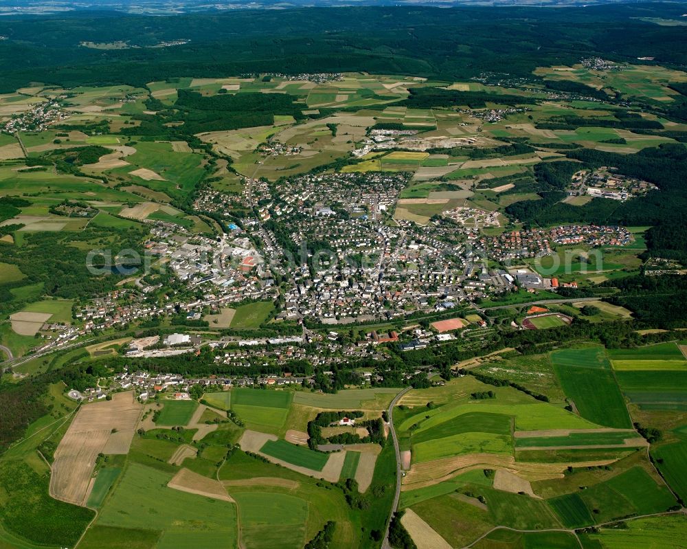 Burgbirkenfeld from the bird's eye view: City view from the downtown area with the outskirts with adjacent agricultural fields in Burgbirkenfeld in the state Rhineland-Palatinate, Germany