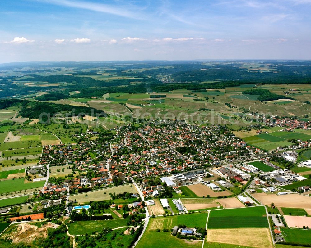 Erzingen from above - City view from the downtown area with the outskirts with adjacent agricultural fields in Erzingen in the state Baden-Wuerttemberg, Germany