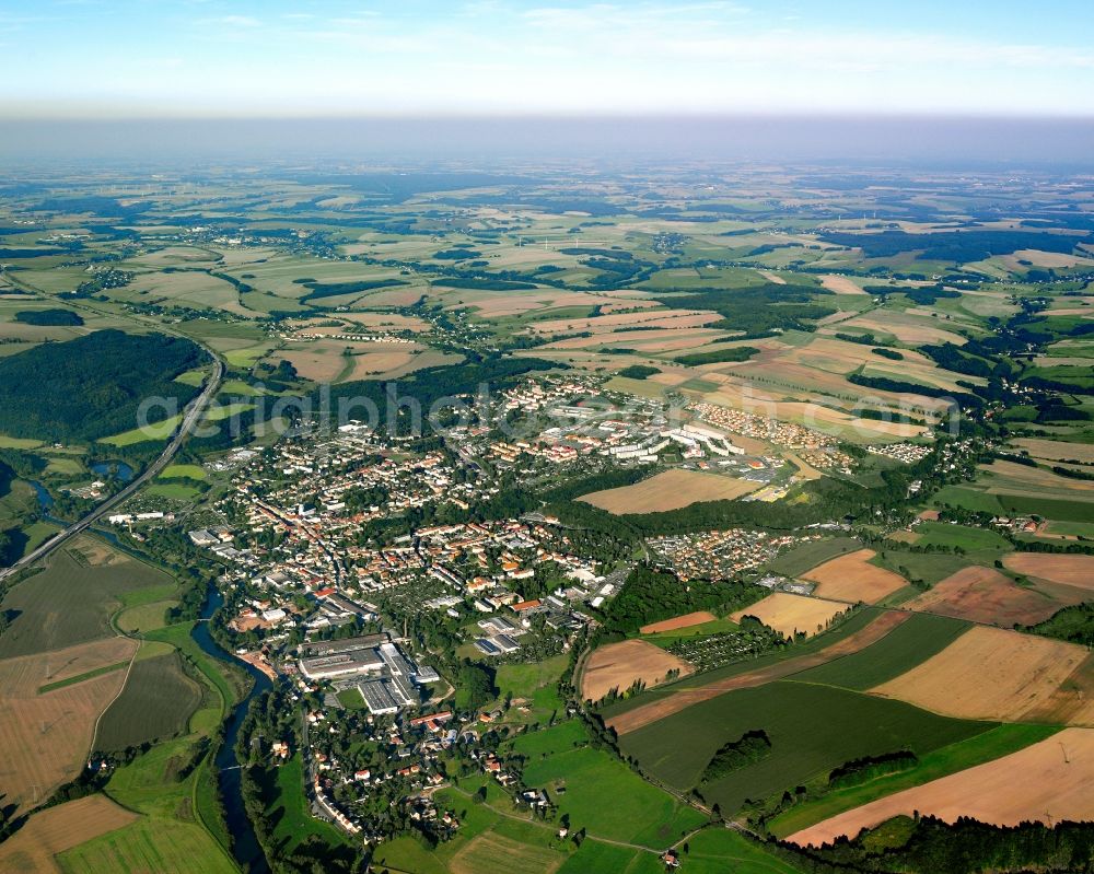 Frankenberg/Sa. from above - City view from the downtown area with the outskirts with adjacent agricultural fields in Frankenberg/Sa. in the state Saxony, Germany