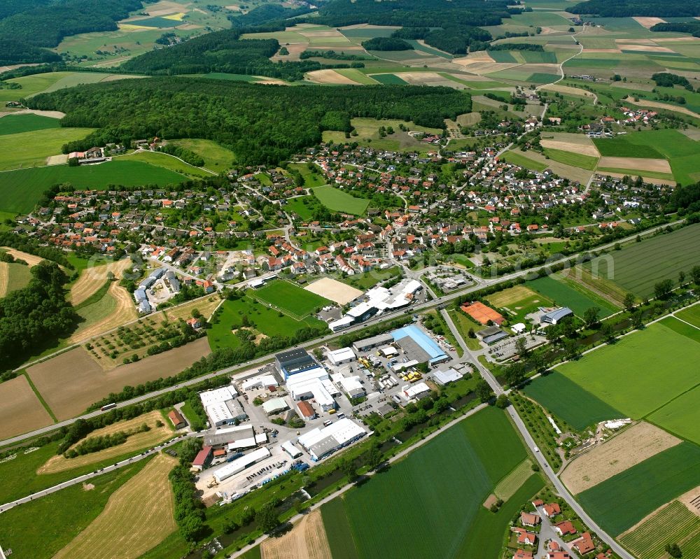 Horheim from above - City view from the downtown area with the outskirts with adjacent agricultural fields in Horheim in the state Baden-Wuerttemberg, Germany