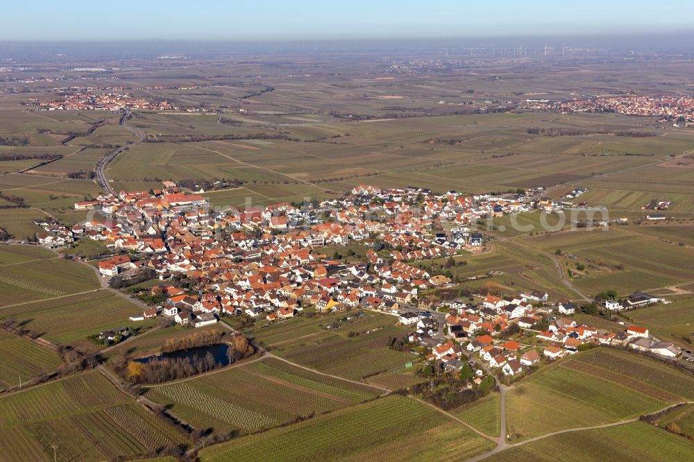 Kallstadt from above - City view from the downtown area with the outskirts with adjacent agricultural fields in Kallstadt in the state Rhineland-Palatinate, Germany