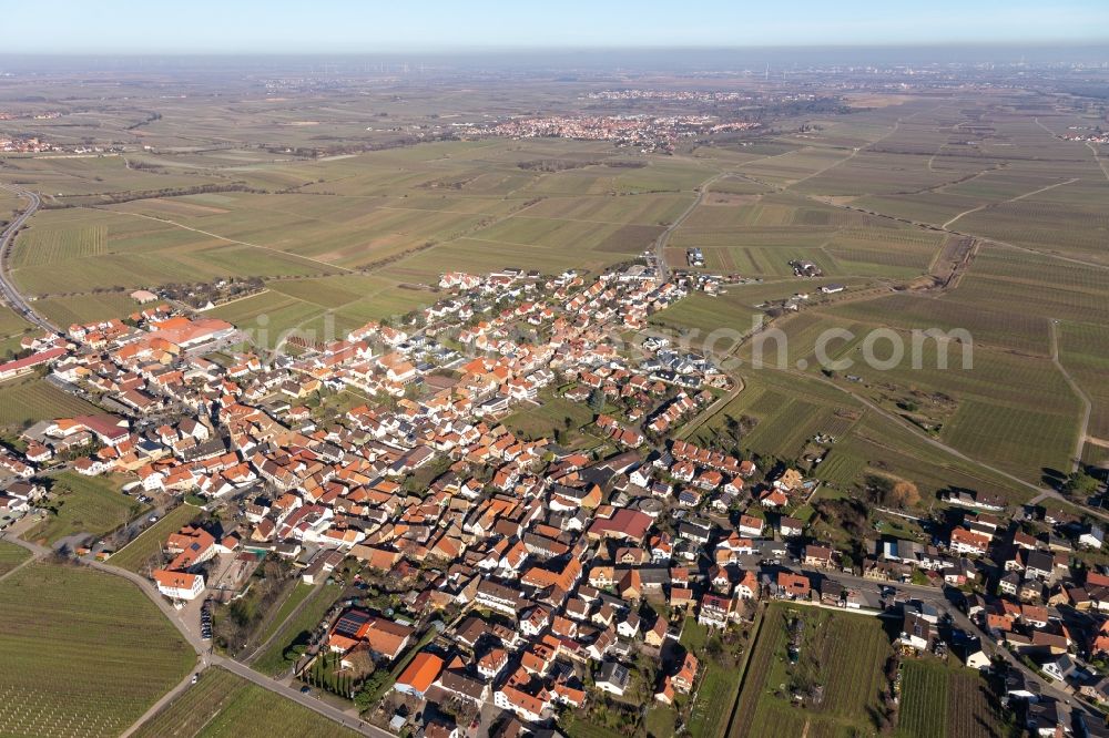 Kallstadt from the bird's eye view: City view from the downtown area with the outskirts with adjacent agricultural fields in Kallstadt in the state Rhineland-Palatinate, Germany