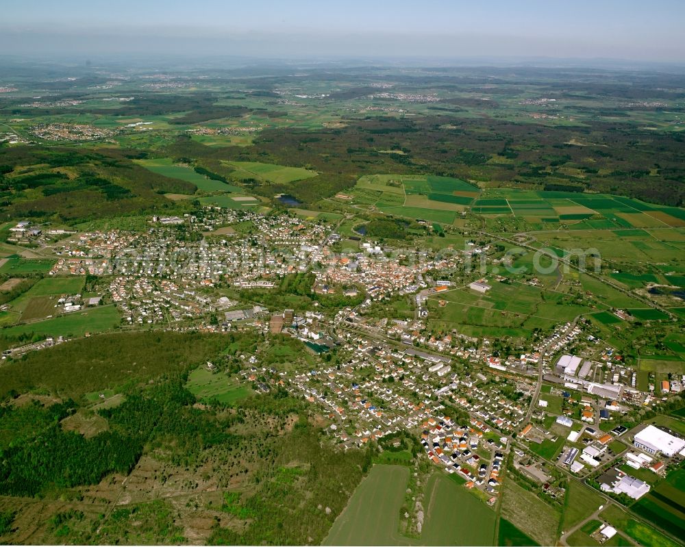 Langsdorf from the bird's eye view: City view from the downtown area with the outskirts with adjacent agricultural fields in Langsdorf in the state Hesse, Germany