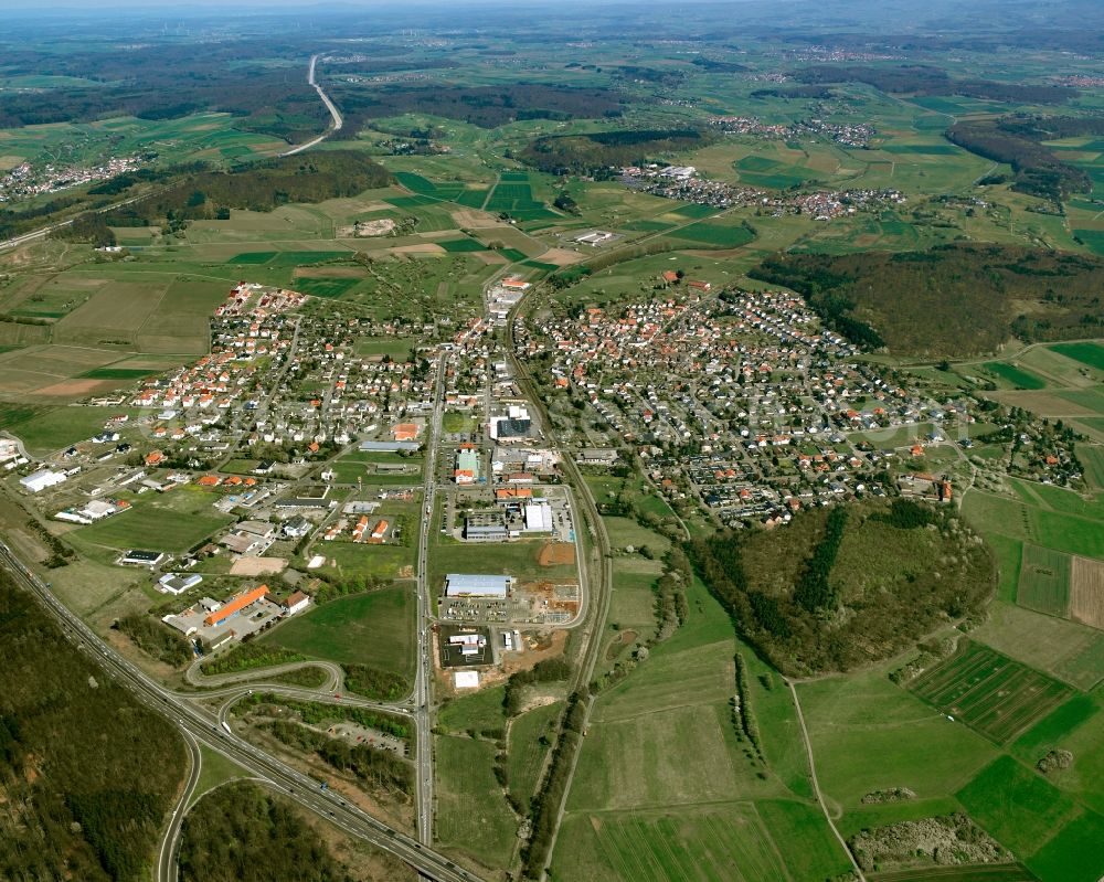 Lindenstruth from above - City view from the downtown area with the outskirts with adjacent agricultural fields in Lindenstruth in the state Hesse, Germany