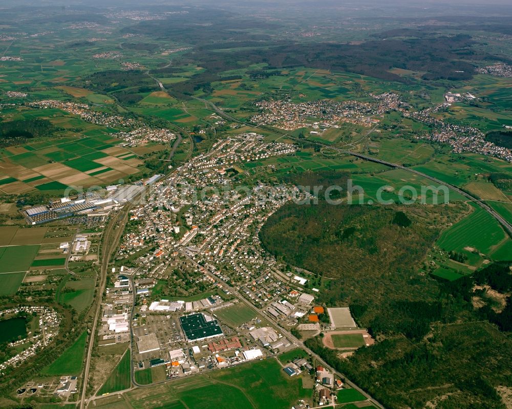 Lollar from the bird's eye view: City view from the downtown area with the outskirts with adjacent agricultural fields in Lollar in the state Hesse, Germany