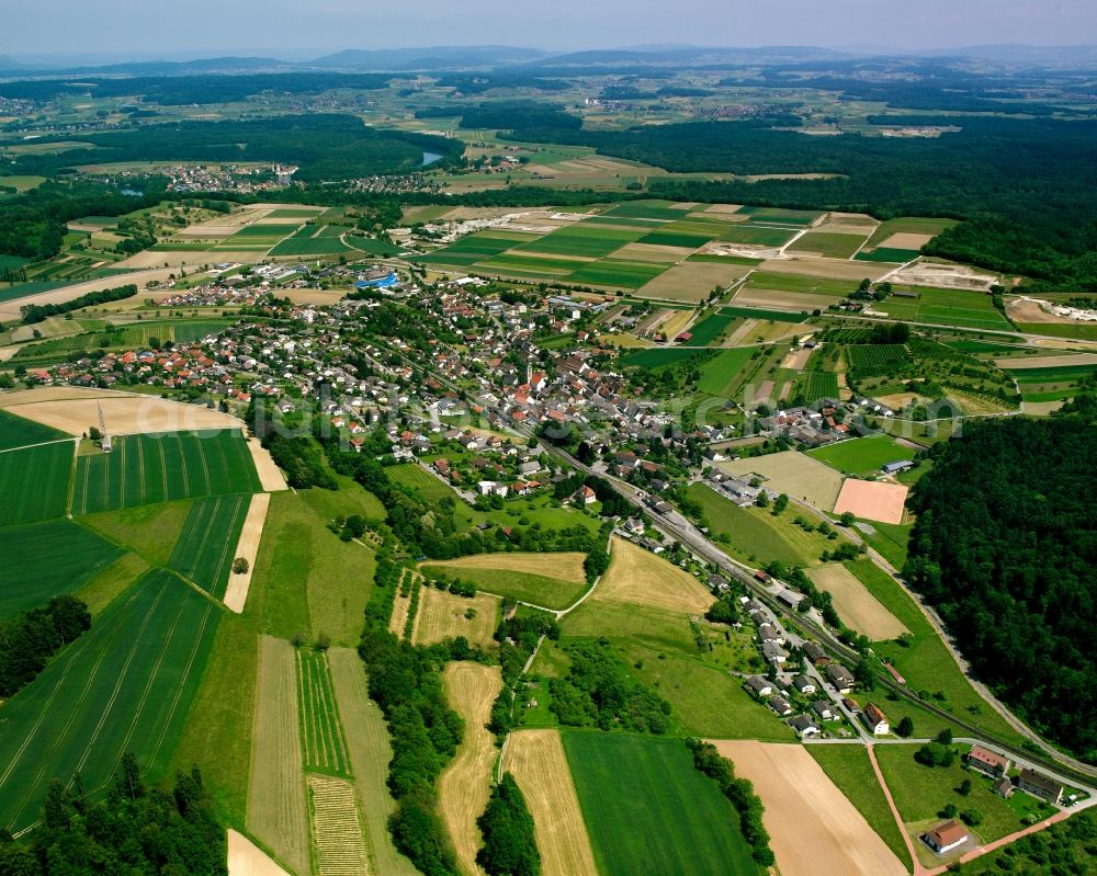 Aerial photograph Lottstetten - City view from the downtown area with the outskirts with adjacent agricultural fields in Lottstetten in the state Baden-Wuerttemberg, Germany