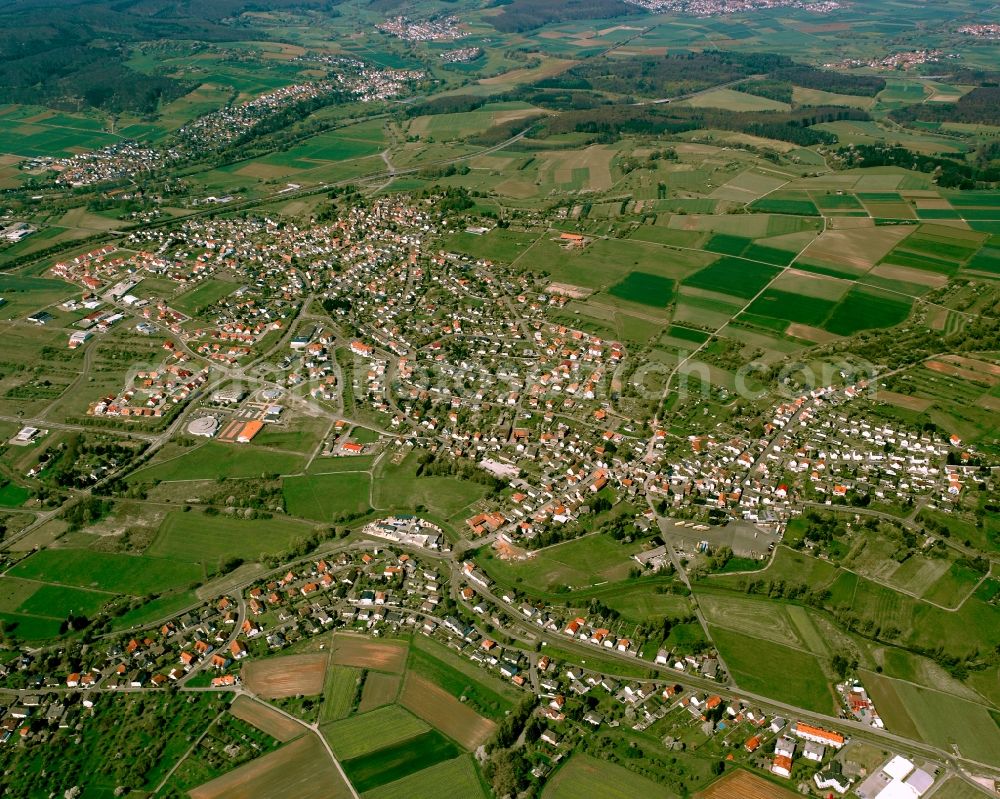 Aerial image Mainzlar - City view from the downtown area with the outskirts with adjacent agricultural fields in Mainzlar in the state Hesse, Germany